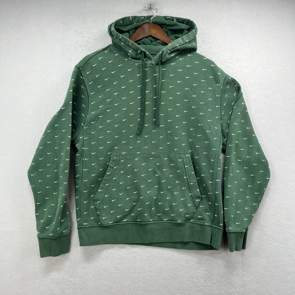 Nike Hoodie Mens S Green All Over Swoosh Print‎ Fleece Sportswear Sweatshirt
